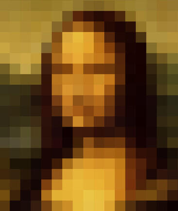 An illustration showing a pixelated version of the Mona Lisa painting.